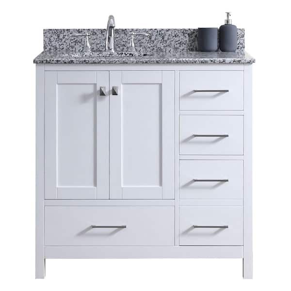 Virtu USA Caroline Madison 36 in. W Bath Vanity in White with Granite Vanity Top in Arctic White Granite with Round Basin