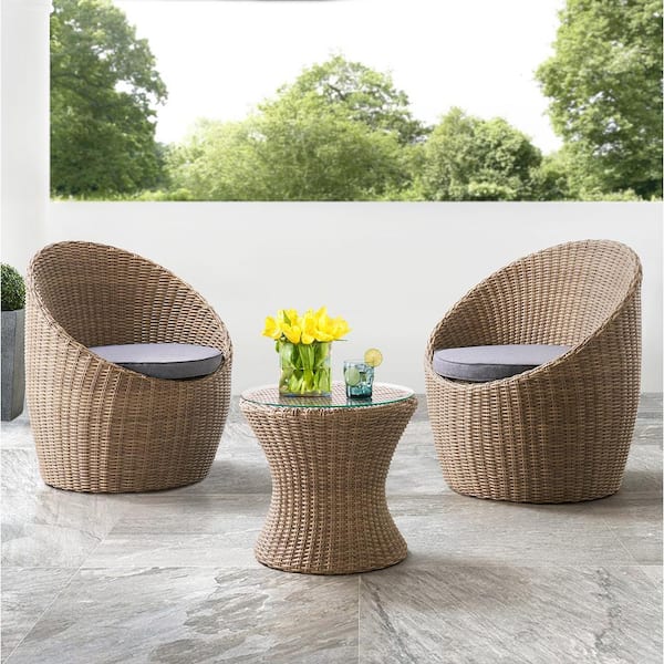 Strafford All-Weather 3-Piece Wicker Outdoor Set with 2-Chairs with Gray Cushions and 18 in. H Cocktail Table