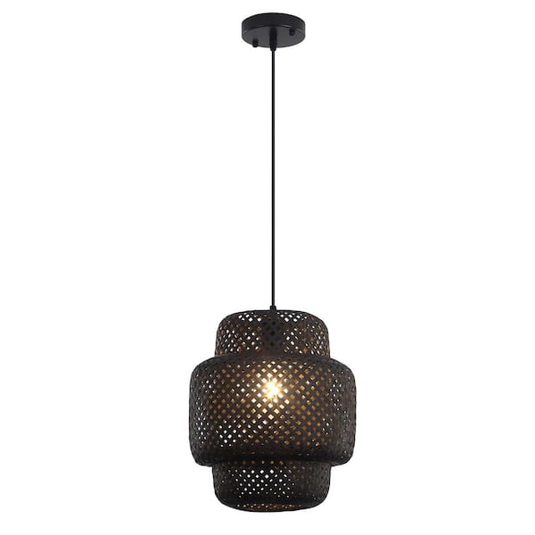 LWYTJO 11.8 in. 1-Light Black Geometric Pendant Light with Hand-Woven Bamboo Shade for Kitchen Island Restaurant Bar Foyer