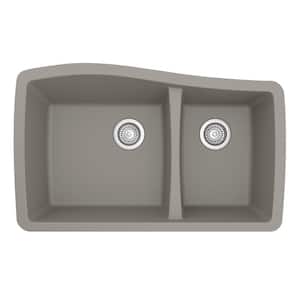 Undermount Quartz Composite 33 in. 60/40 Double Bowl Kitchen Sink in Concrete
