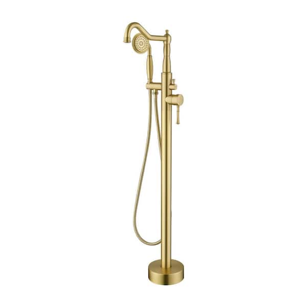 Single Handle Floor Mount Bathtub Faucet Freestanding Tub Filler Standing Shower Faucets with Handheld Shower in Gold