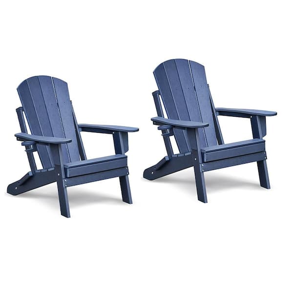 Jushua Folding Outdoor Adirondack Chair Set of 2 and Table Set, Navy Blue
