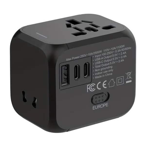 1-Outlet Foldable Universal Travel Plug Adapter with Type C & USB-A, 2500W Power & Multi-Country Compatibility, Black