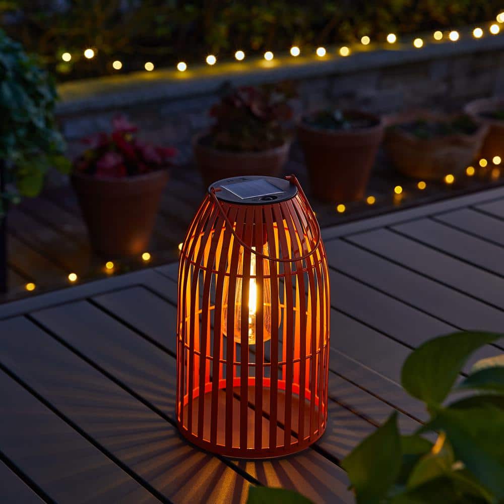 9.75" Orange Metal Woven Solar Powered Outdoor Lantern
