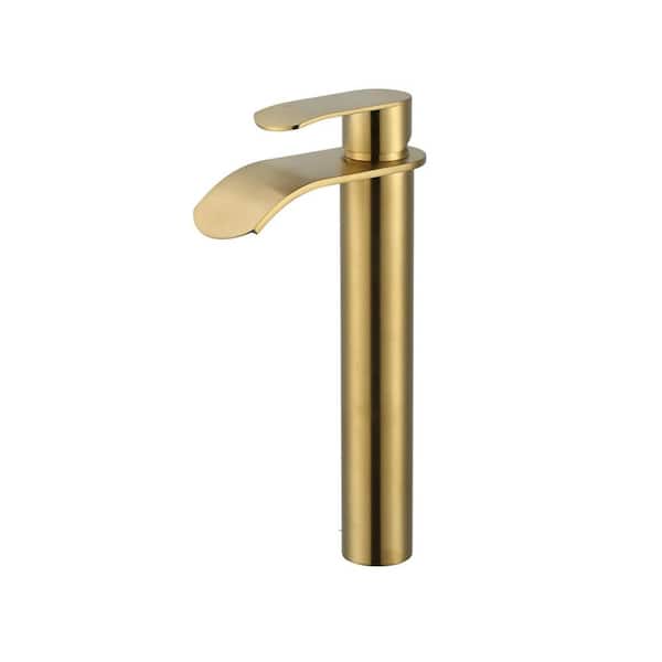 Waterfall Single Handle Single Hole Bathroom Faucet with Pop Up Drain Included Supply Lines in Brushed Gold