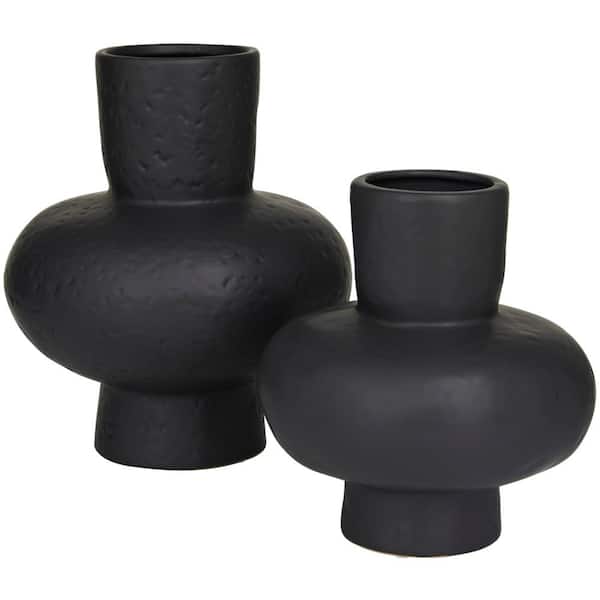 11 in., 9 in. Black Gourd Style Ceramic Decorative Vase (Set of 2)