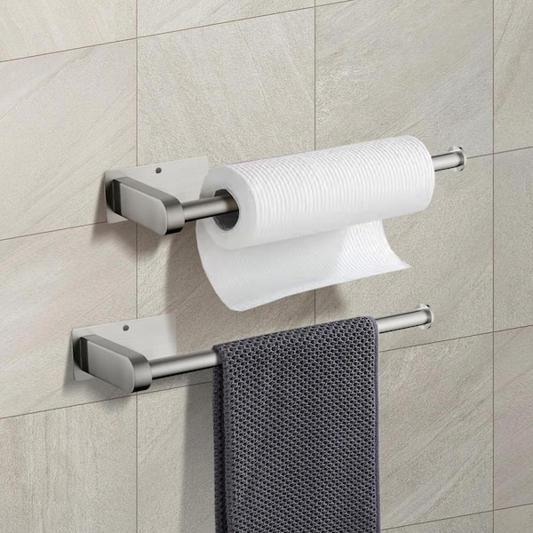 2-Pack Paper Towel Holder Wall Mount, Self-Adhesive or Drilled Paper Towel Holder Under Cabinet in Brushed Nickel