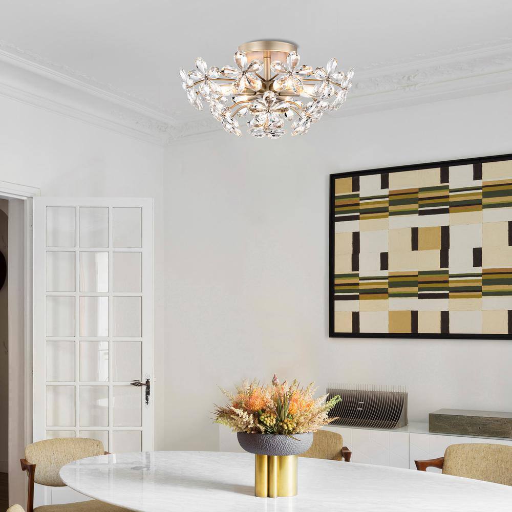 Teresa 17.7 in. Champagne and Silver Crystal Flower Flush Mount Light
