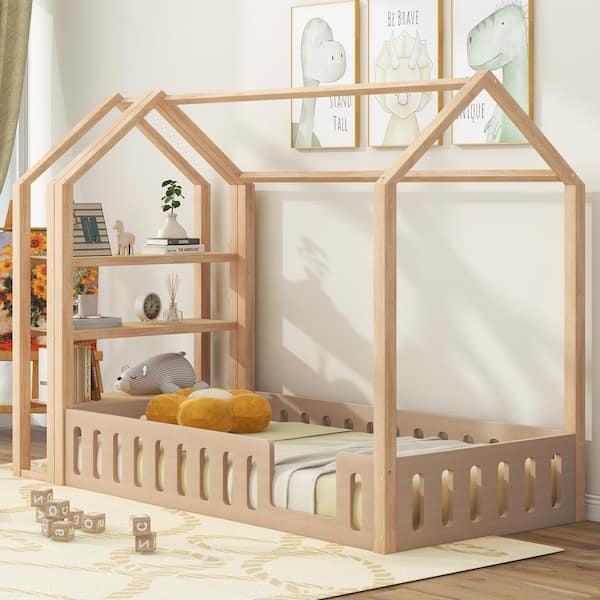 Harper & Bright Designs Natural Wood Frame Twin Size House Platform Bed ...