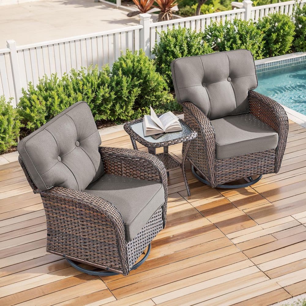Brynn 3-Piece Brown Swivel Glider Wicker Outdoor Rocking Chair Set with Gray Cushions and Side Table price history on PriceWatchPro
