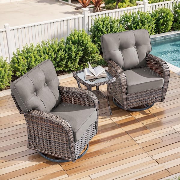 Brynn 3-Piece Brown Swivel Glider Wicker Outdoor Rocking Chair Set with Gray Cushions and Side Table