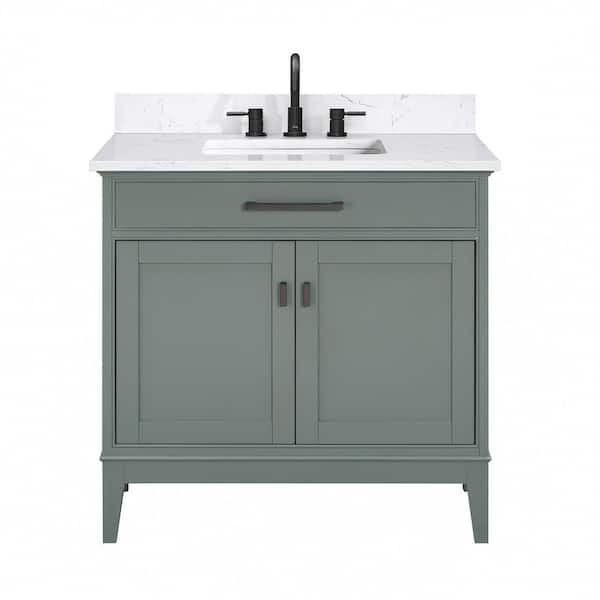 Madison 37 in. Single Sink Smoke Green Bath Vanity with Cala White Engineered Stone Top