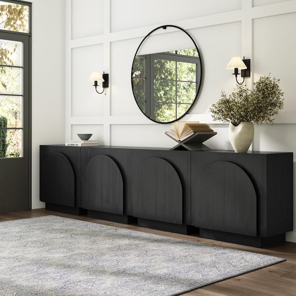 Nathan James Iris Black Oak 31 in. Mid-Century Modern Wooden Accent Cabinet with Adjustable Shelf and Arched Doors, Set of 4