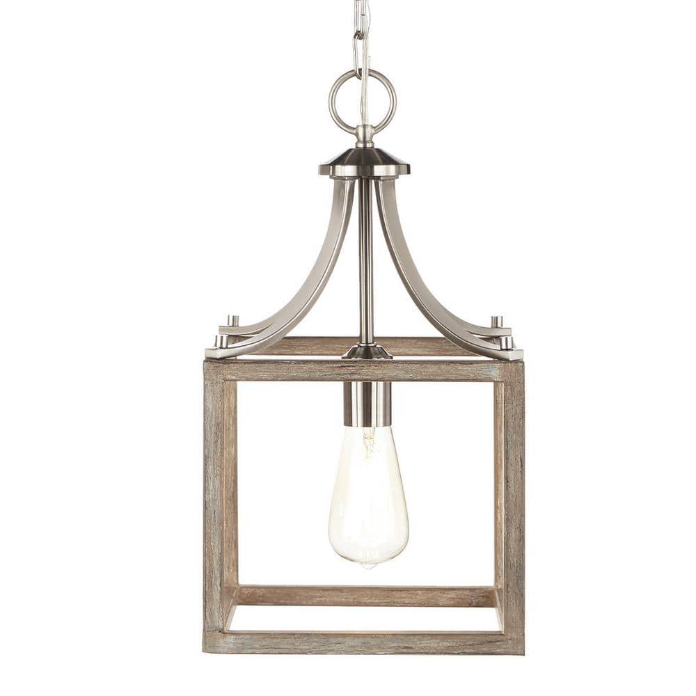 Hampton Bay Boswell Quarter 1-Light Brushed Nickel Mini-Pendant with Weathered Wood Accents