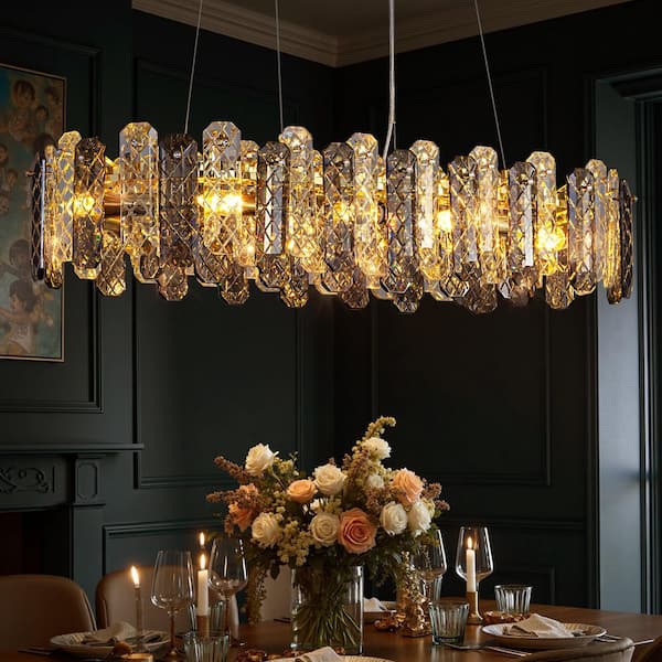 36 in. 10-Light Modern Crystal Rectangle Chandelier Gold Pendant Light for Dining Room Clear and Gray Crystals