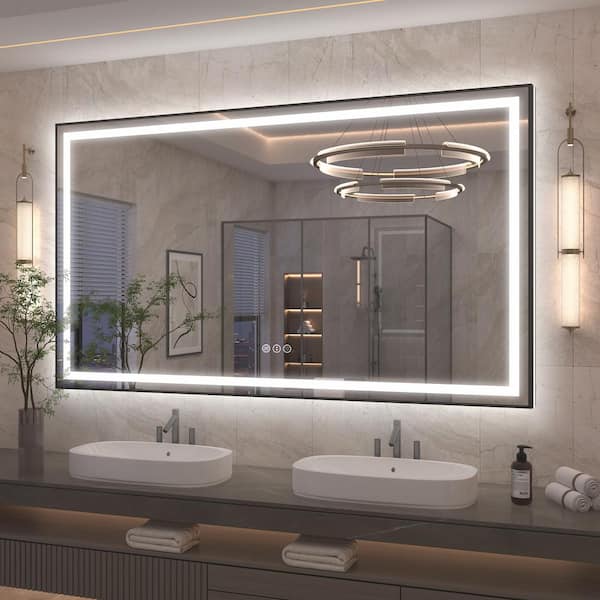 84 in. W. x 40 in. H Rectangular Framed Front and Back LED Lighted Anti-Fog Wall Bathroom Vanity Mirror Tempered Glass
