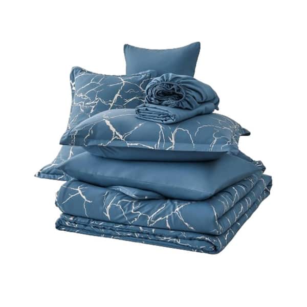 Afoxsos 7-Piece Blue Sliver Marble Microfiber Queen Size Comforter Set with Pillow Cases, Pillow Shams, Fitted and Flat Sheet