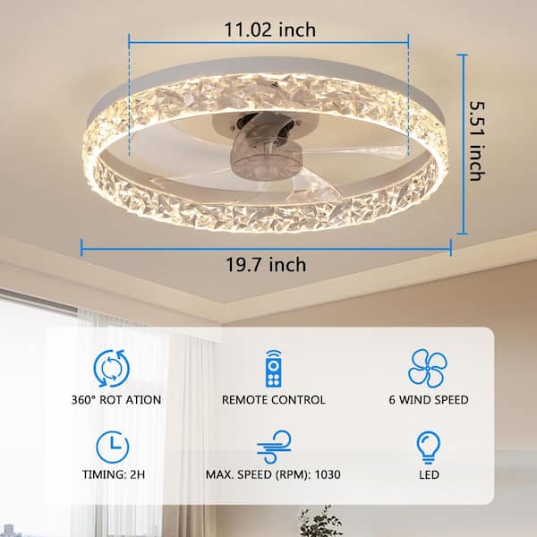 19.7 in. Indoor White Smart Dimmable Drum Flush Mount Ceiling Fan with Timer, 6-Speed Adjustable and Remote