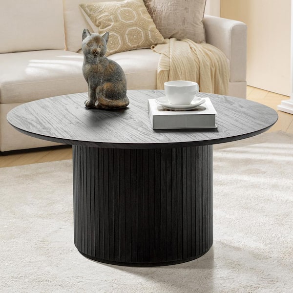 Owen Charcoal 31.5 in. W Modern Coffee Table with Vertical Slatted Wooden Base