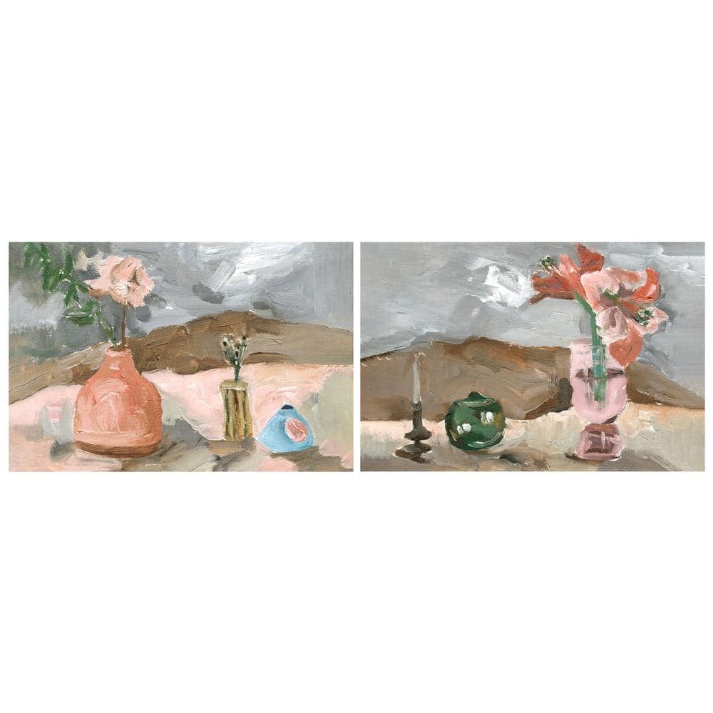 Rustic Still Life Pink Vase and Green Teapot Glass Wall Art Set
