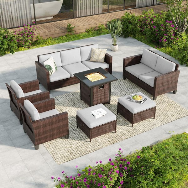 7-Pieces Patio Conversation Set with Square Fire Pit Table and Loveseat, Brown Wicker with Linen Gray Cushions