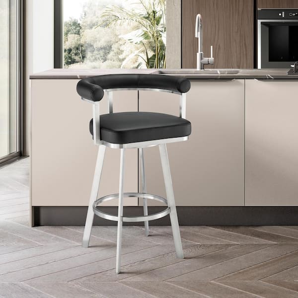 Armen Living Nolagam 34-38 in. Black/Brushed Stainless Steel Metal 30 in. Bar Stool with Faux Leather Seat
