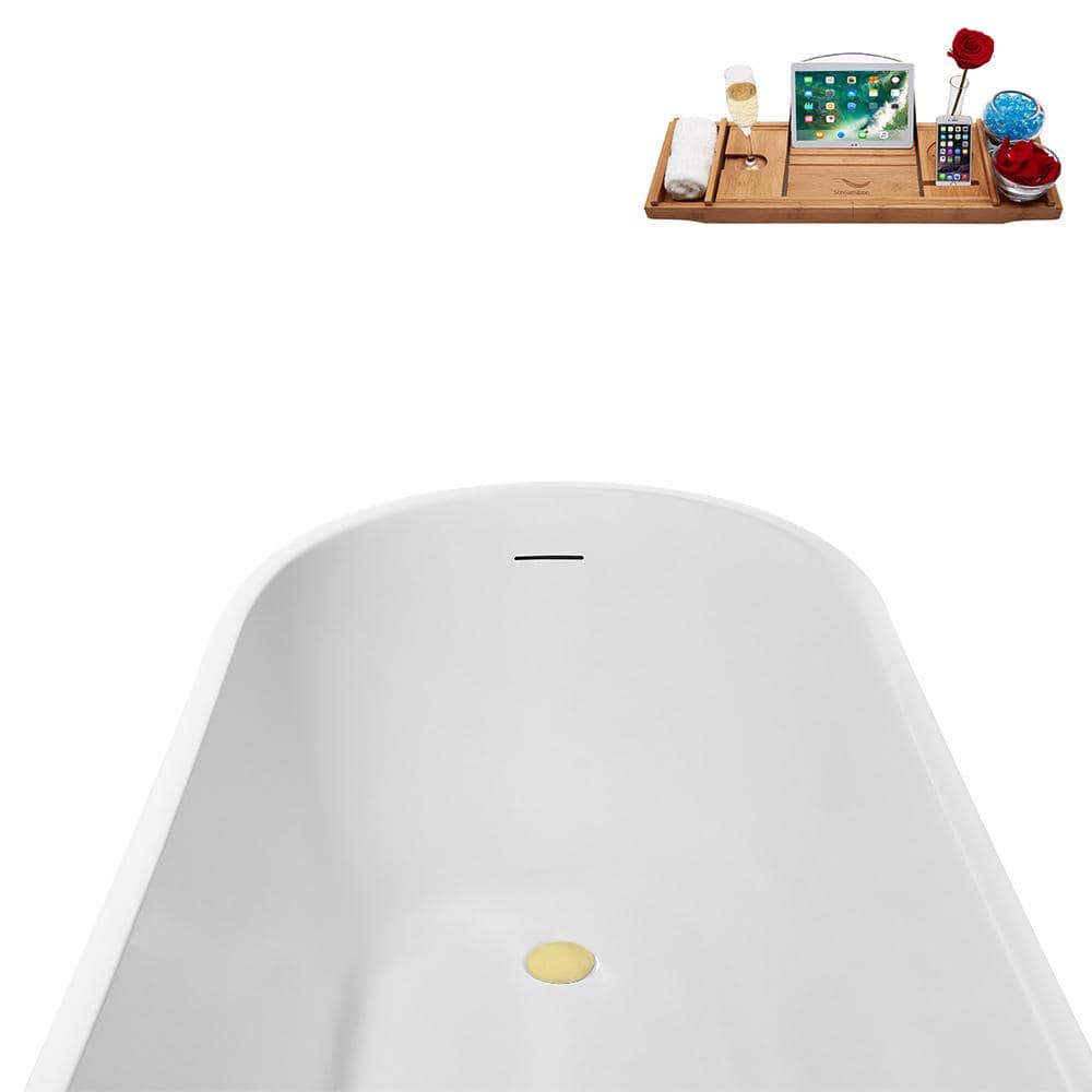 67" Glossy White Acrylic Freestanding Soaking Tub with Polished Brass Drain and Bamboo Tray