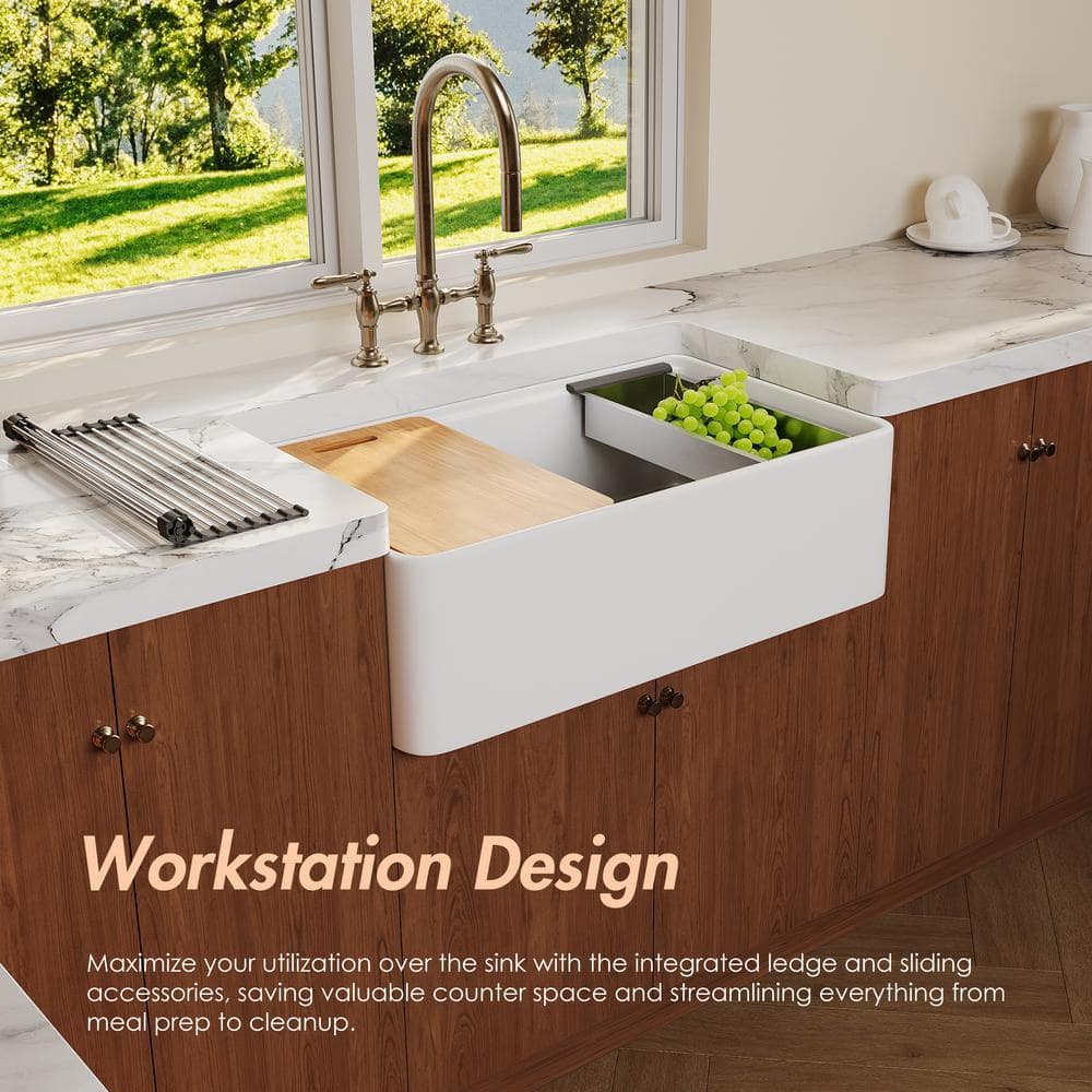 Crisp White Ceramic Single Bowl Farmhouse Workstation Sink