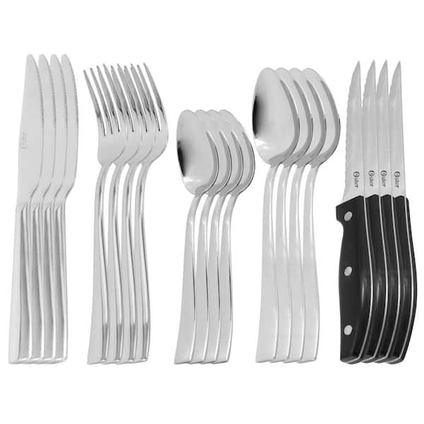 Oster Stonington 20 Piece Flatware Set with Steak Knives in Polished Stainless Steel, Silver