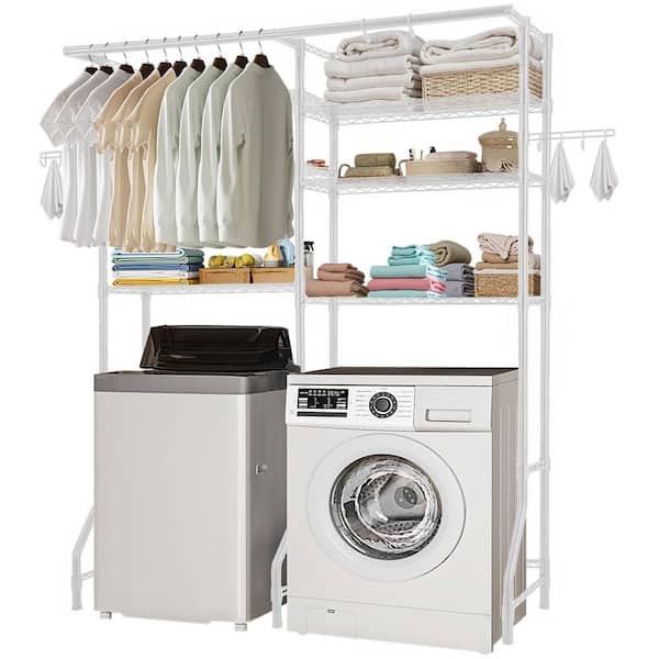 Over Washer and Dryer Storage Shelves, 6 Tiers Laundry Room Drying Rack with Hanger Rod and Hooks, Shelves White