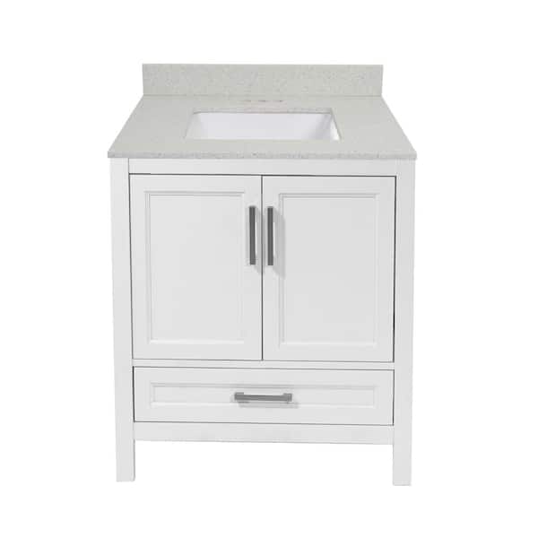 Amluxx Salerno 25 in. W x 19 in. D Bath Vanity in White with Quartz Stone Vanity Top in Galaxy White with White Basin