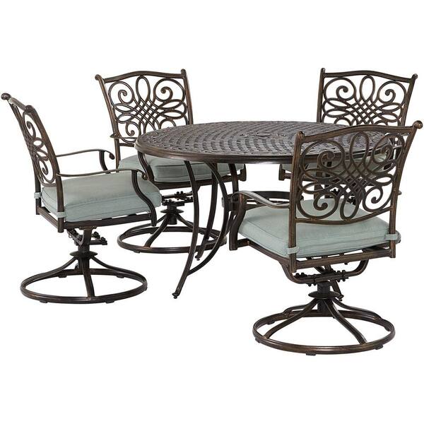 Agio Renditions 5-Piece Aluminum Outdoor Dining Set with Sunbrella Mist Blue Cushions 4 Swivel Rockers and 48 in. Table