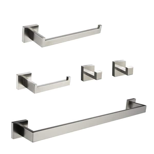 Bathroom Hardware 5-Pieces Bath Hardware Set with Towel Bar, Robe Hook, Toilet Paper Holder in Brushed Nickel