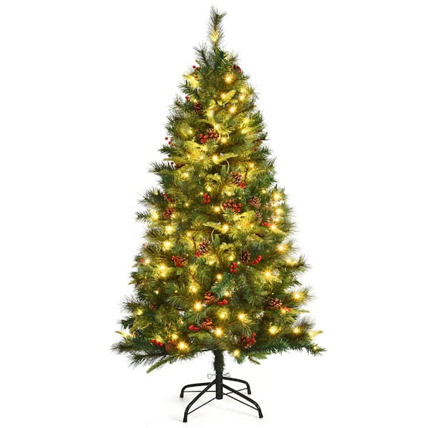 Gymax 5 ft. Pre-lit Hinged Holiday Decor Artificial Christmas Tree with LED Lights Metal Stand