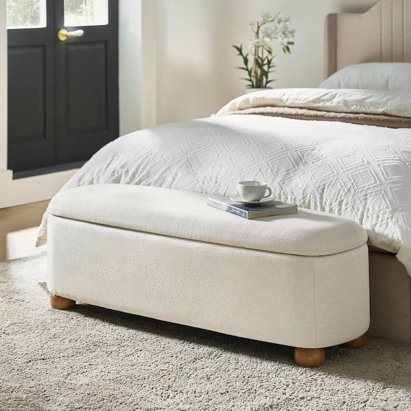 Telmo Ivory Modern Storage Bench with Solid Wood Legs