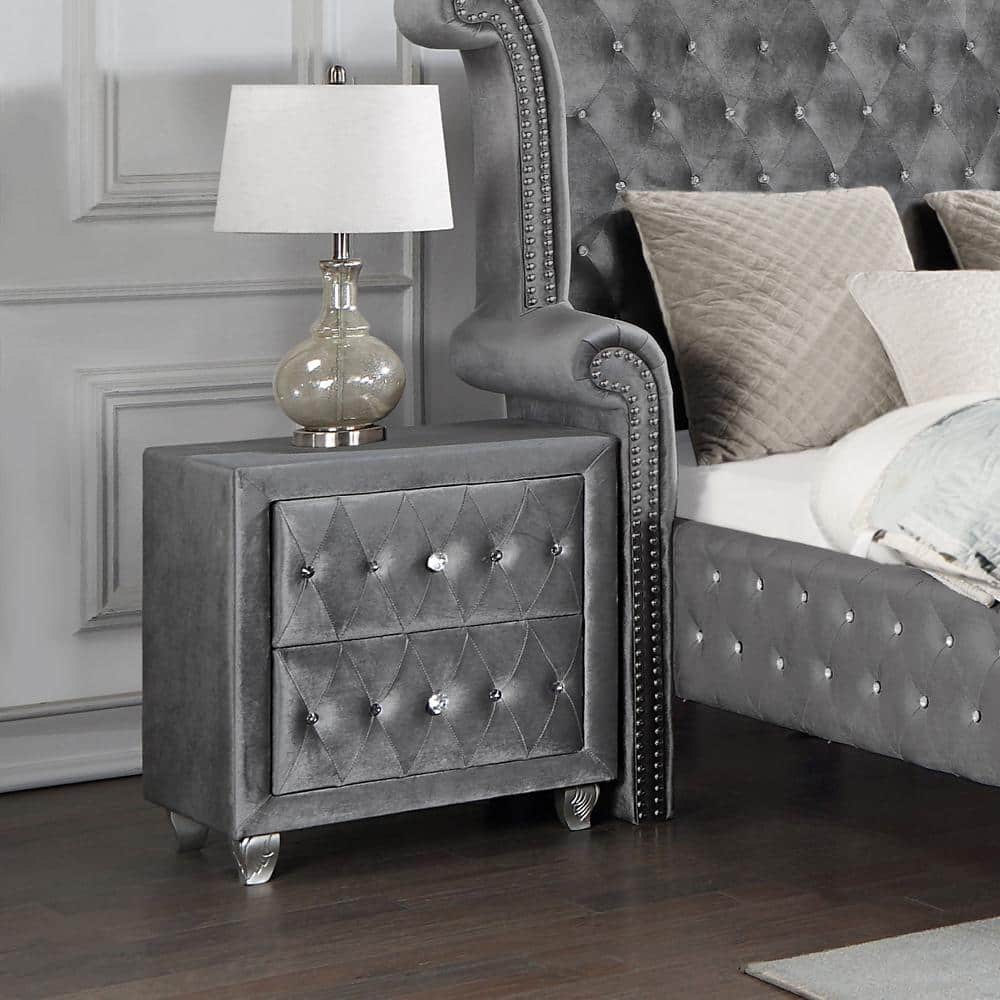 Gray Velvet 2-Drawer Nightstand with Crystal Pulls