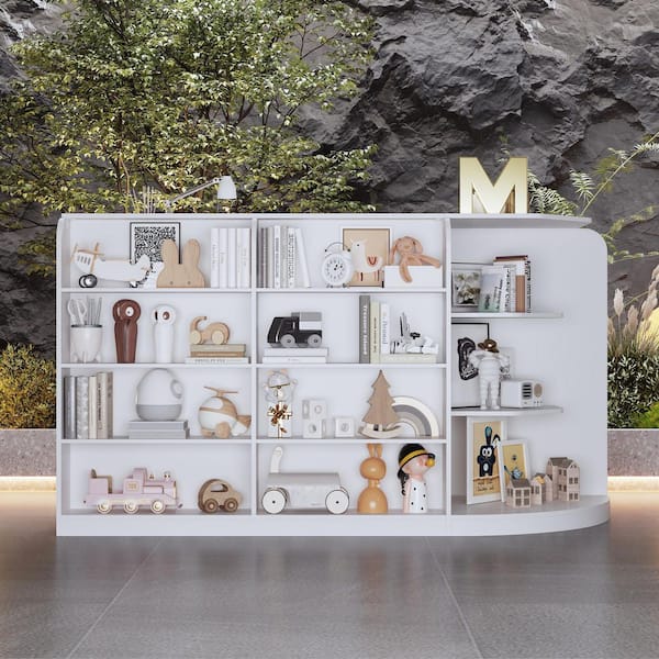 White 39.4 in H L-Shape Bar Cabinet, Wine Cabinet, Reception Desk, Kitchen Island with 17-Shelf, 2-Doors and 3-Drawer