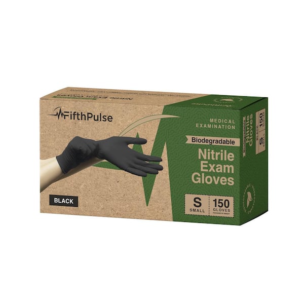 FifthPulse Small - Biodegradable Nitrile Gloves, Medical Exam, Latex Free and Powder Free in Black - (150-Count)