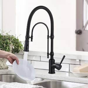 Single Handle Deck Mount Gooseneck Pull Down Sprayer Kitchen Faucet in Matte Black