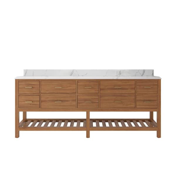 Willow Collections Parker Teak 84 in. W x 22 in. D x 36 in. H Double Sink Bath Vanity in Gold Teak with 1.5 in. Calacatta Laza Regular Top