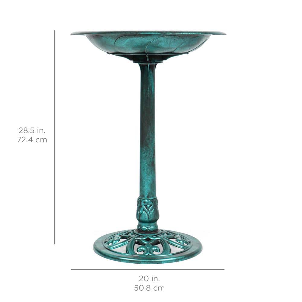 Green Antique Pedestal Bird Bath with Fleur-de-Lis Accents