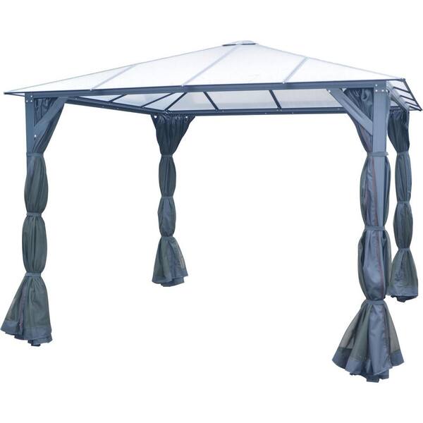 Hanover 10 ft. x 10 ft. Aluminum Hardtop Gazebo with Polycarbonate Roof Panels, Sunshade Curtains and Mosquito Netting
