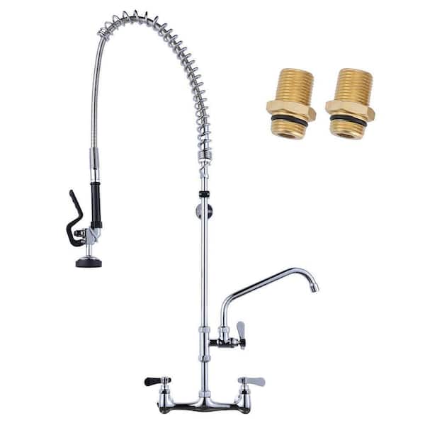 43 in. H Wall Mount Commercial Kitchen Faucet 3 Handles with Pre-Rinse Sprayer in Chrome