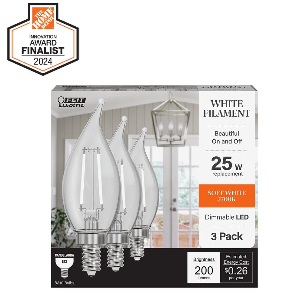 25W Equivalent BA10 E12 Candelabra Dim White Filament Clear Glass Chandelier LED Light Bulb Soft White 2700K (3-Pack) price history on PriceWatchPro