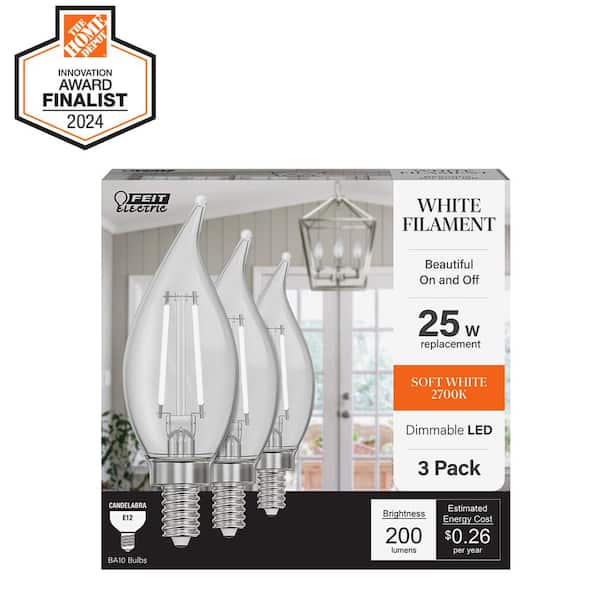 25W Equivalent BA10 E12 Candelabra Dim White Filament Clear Glass Chandelier LED Light Bulb Soft White 2700K (3-Pack)