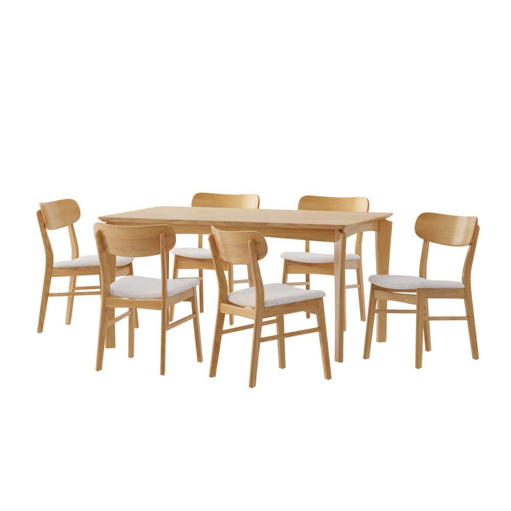 Noble House Claycross 7-Piece Natural Oak and Light Beige Dining Set ...