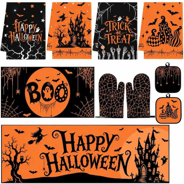 Orange Black Halloween Kitchen Decor and Accessories Set, 10-Piece Polyester Kitchen Towels and Mats