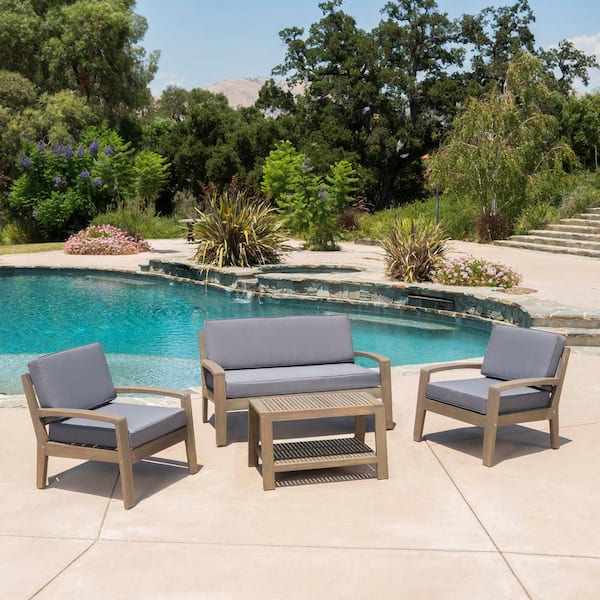 Noble House Grenada Grey 4-Piece Wood Outdoor Patio Conversation Set with Dark Grey Cushions