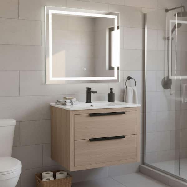 Kingsford 30 in. Single Wall Mounted White Oak Bath Vanity with Drawers with White Ceramic Sink Top