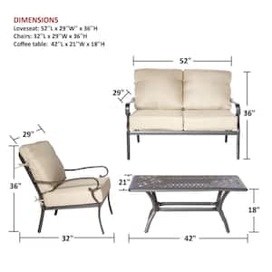 Newbury Beige 4-Piece Metal Cast Aluminum Seating Set with Table, Loveseat, and 2 Lounge Chairs with Tan Cushions